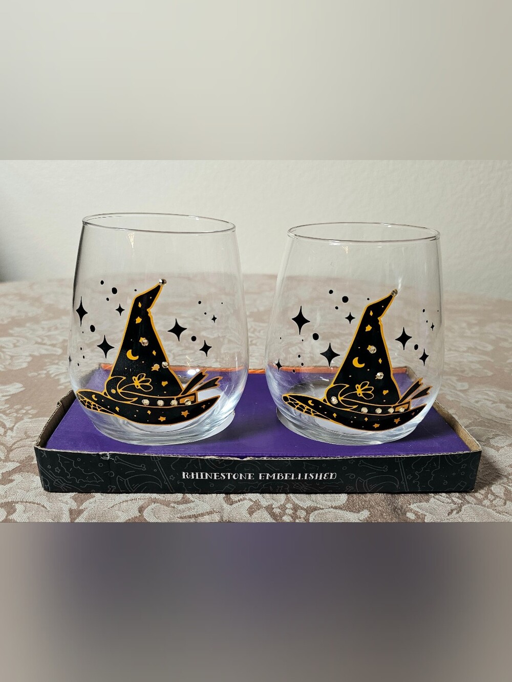 Witch Hat Stemless Wine Glasses with Rhinestone Embellishment